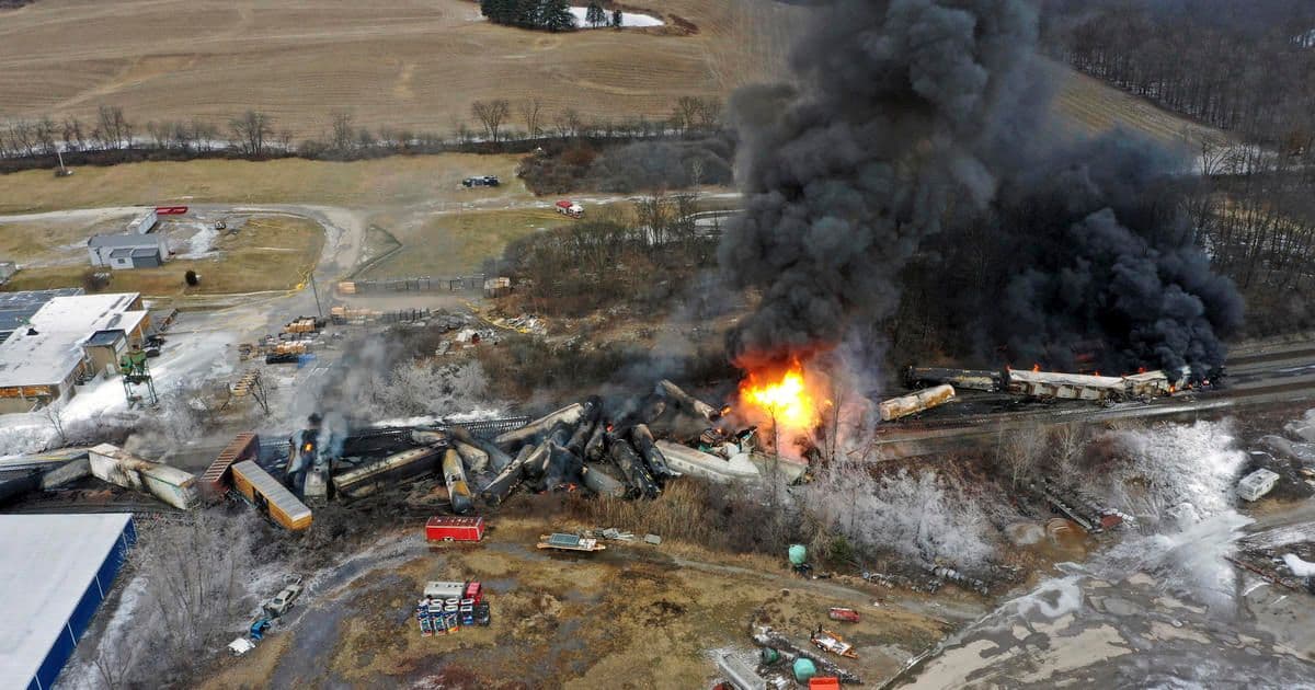 Image of the East Palestine, Ohio train derailment with hazardous materials